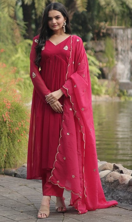 Beautiful Pink Color Georgette Fabric Designer Suit