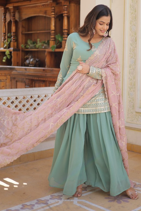 Beautiful Green Color Georgette Fabric Designer Suit