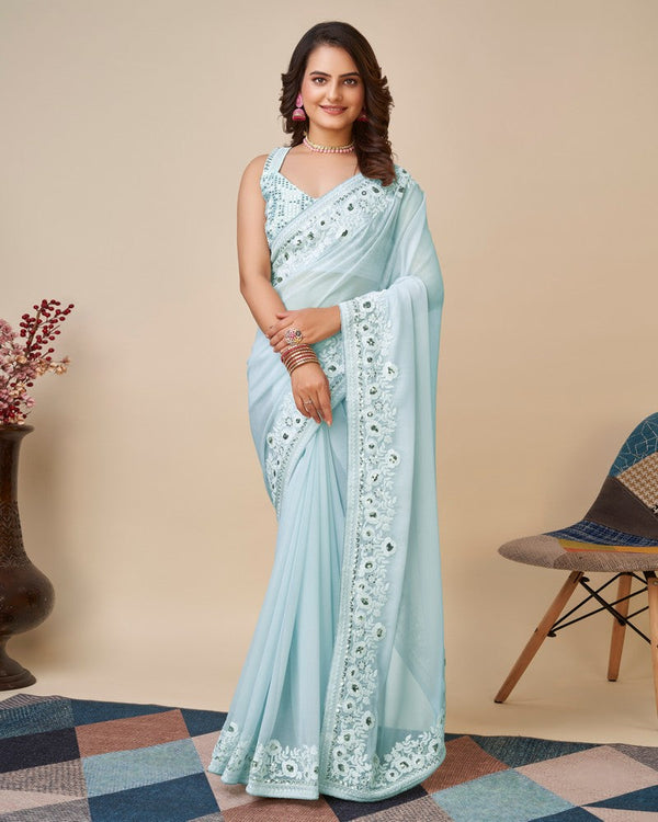 Grand Aqua Color Georgette Fabric Designer Saree