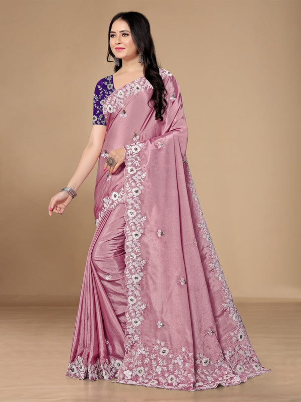 Grand Pink Color Chinon Fabric Designer Saree