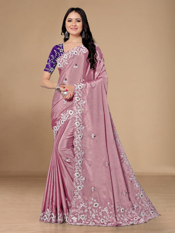 Grand Pink Color Chinon Fabric Designer Saree