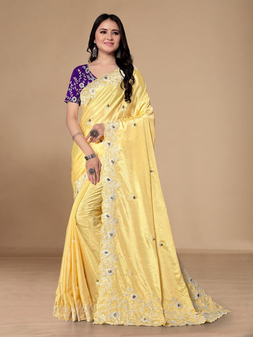 Grand Yellow Color Chinon Fabric Designer Saree
