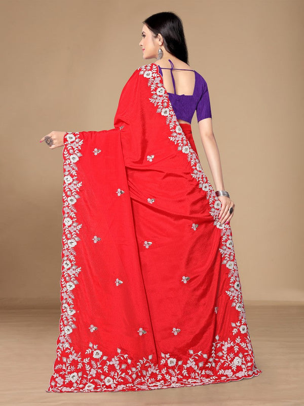 Grand Red Color Chinon Fabric Designer Saree