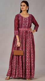 Striking Maroon Color Muslin Fabric Gown