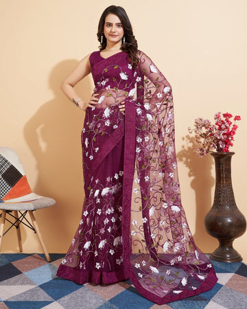 Elegant Wine Color Net Fabric Designer Saree