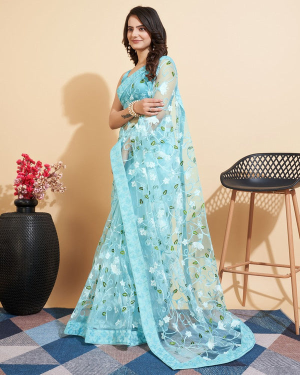 Elegant Aqua Color Net Fabric Designer Saree