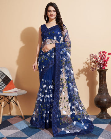 Elegant Blue Color Net Fabric Designer Saree