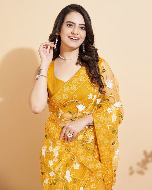 Elegant Yellow Color Net Fabric Designer Saree