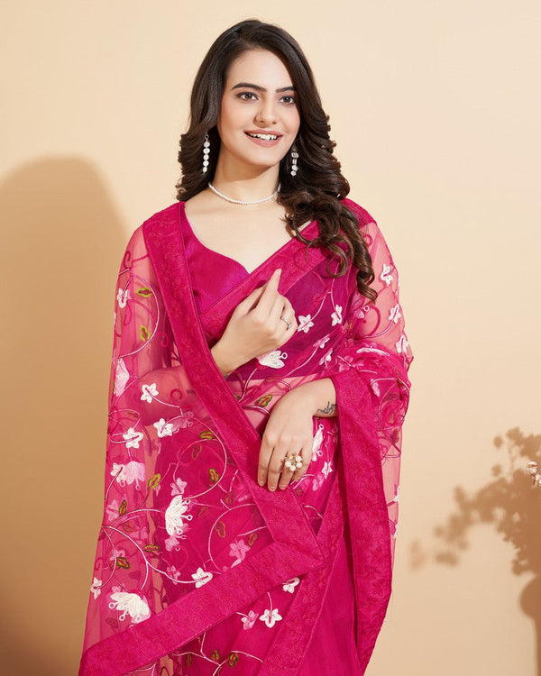 Elegant Pink Color Net Fabric Designer Saree