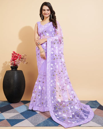 Elegant Purple Color Net Fabric Designer Saree