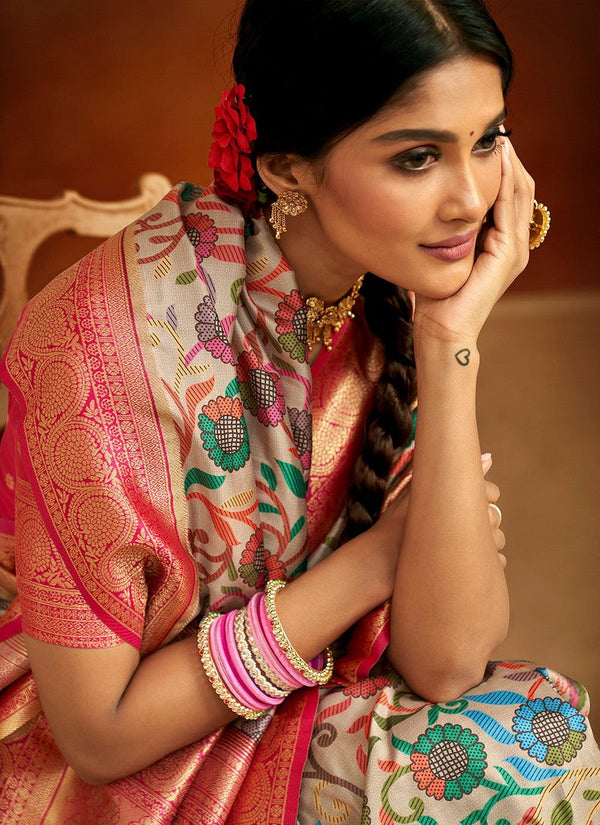 Lovely Beige  Color Banarasi Fabric Designer Saree