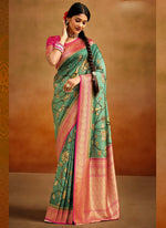 Lovely Teal Color Banarasi Fabric Designer Saree