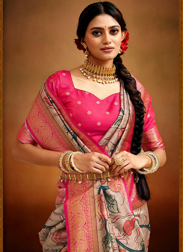Lovely Beige Color Banarasi Fabric Designer Saree