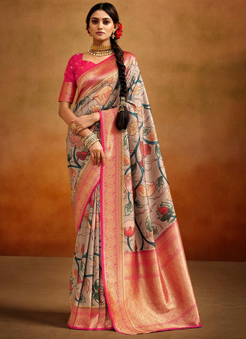 Lovely Beige Color Banarasi Fabric Designer Saree