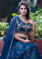 Lovely Teal Color Chinon Fabric Party Wear Lehenga