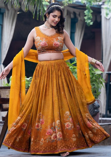 Lovely Mustard Color Chinon Fabric Party Wear Lehenga