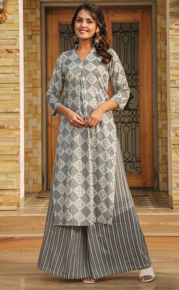 Lovely Grey Color Rayon Fabric Casual Kurti With Bottom