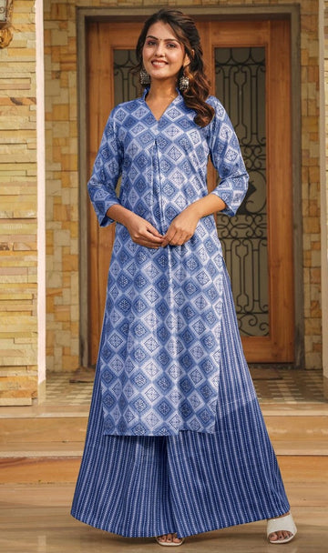 Lovely Blue Color Rayon Fabric Casual Kurti With Bottom