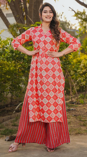Lovely Red Color Rayon Fabric Casual Kurti With Bottom