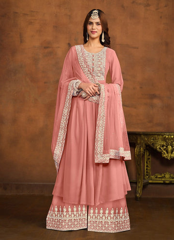 Dazzling Peach Color Georgette Fabric Sharara Suit