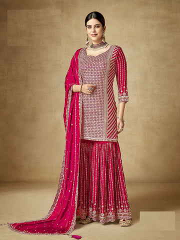 Tasteful Pink Color Chinon Fabric Sharara Suit