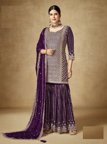 Tasteful Voilet Color Chinon Fabric Sharara Suit