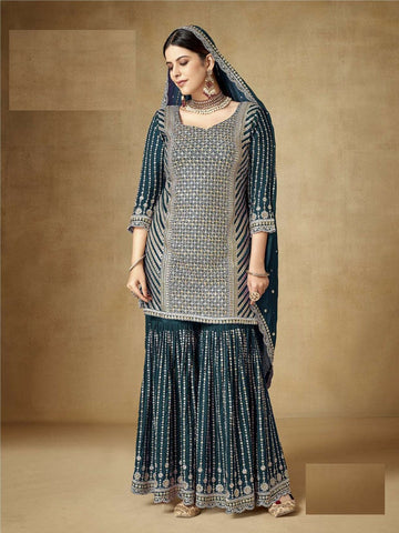 Tasteful Teal Color Chinon Fabric Sharara Suit