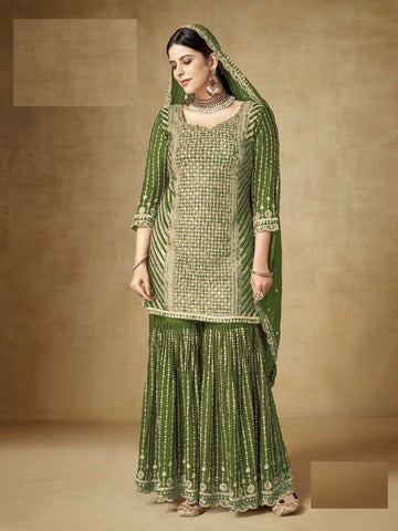 Tasteful Green Color Chinon Fabric Sharara Suit