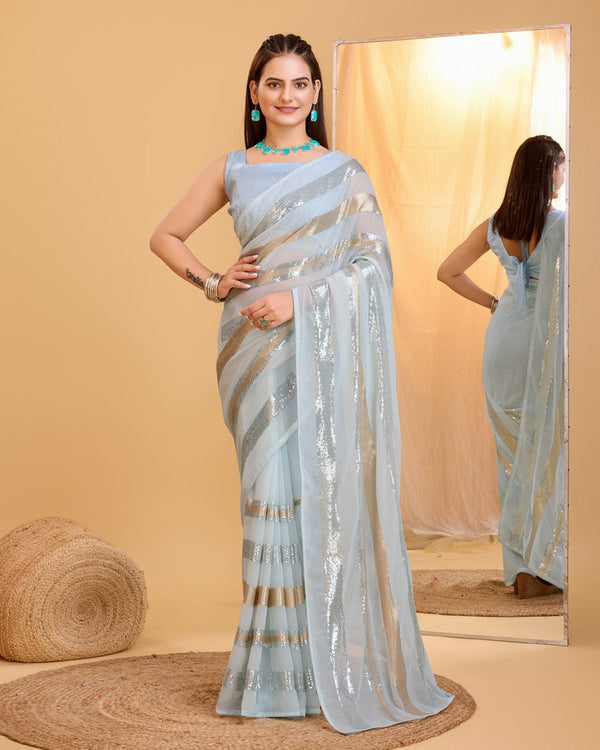 Amazing Grey Color Georgette Fabric Partywear Saree