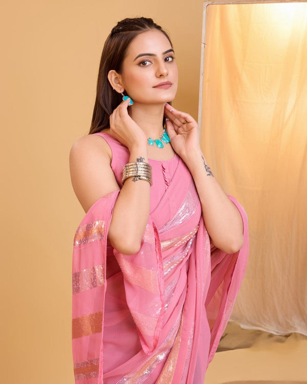 Amazing Pink Color Georgette Fabric Partywear Saree