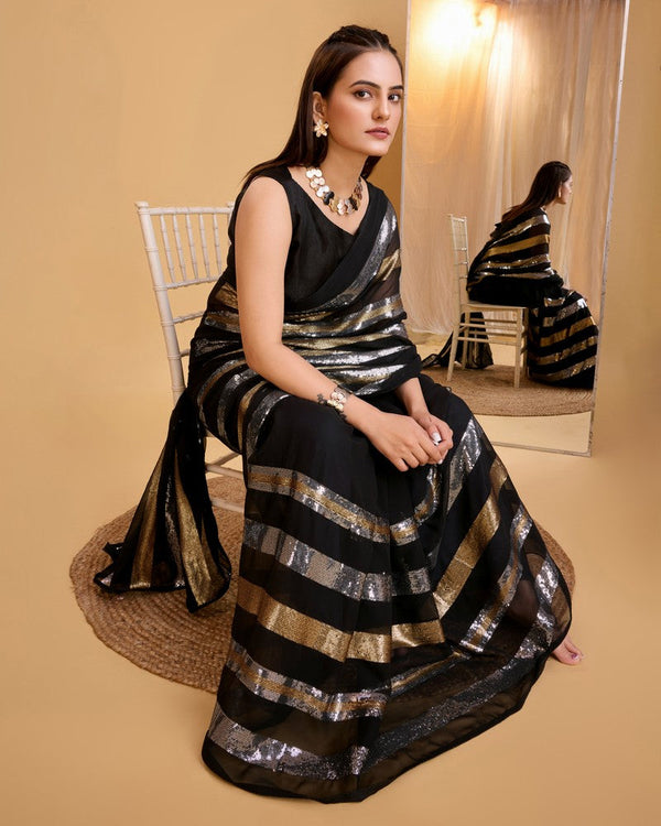 Amazing Black Color Georgette Fabric Partywear Saree