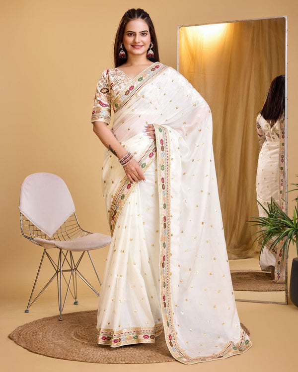 Dazzling Cream Color Organza Fabric Partywear Saree