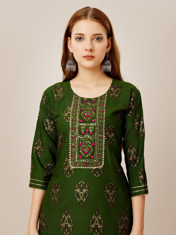 Lovely Green Color Rayon Fabric Casual Kurti With Bottom