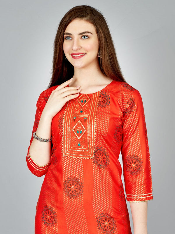 Lovely Orange Color Rayon Fabric Casual Kurti With Bottom