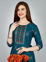 Lovely Teal Color Rayon Fabric Casual Kurti With Bottom