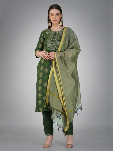 Divine Green Color Cotton Fabric  Suit