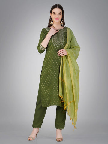 Divine Green Color Cotton Fabric  Suit