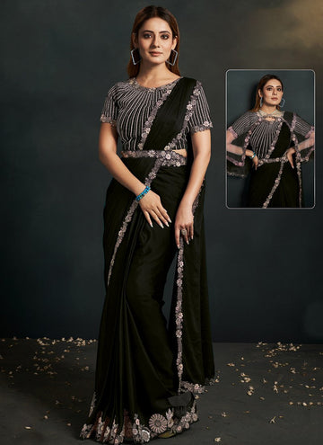 Grand Black Color Satin Fabric Partywear Saree