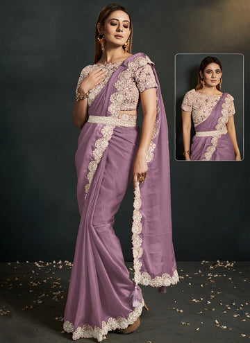 Grand Purple Color Satin Fabric Partywear Saree