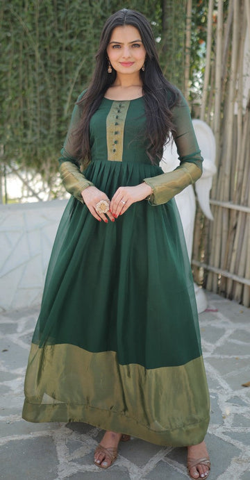 Striking Green Color Chiffon Fabric Gown