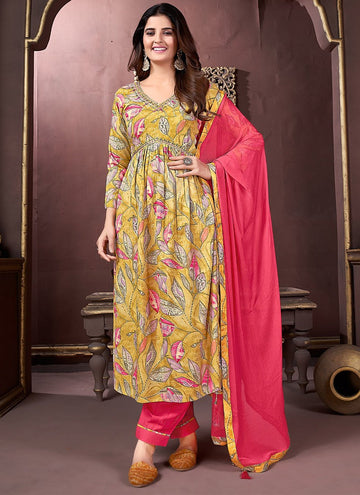 Divine Yellow Color Rayon Fabric Designer Suit