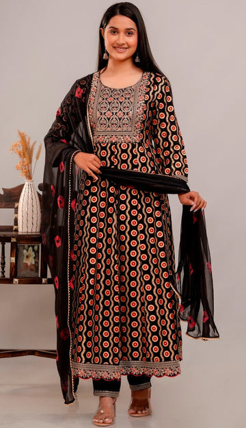 Divine Black Color Rayon Fabric Designer Suit