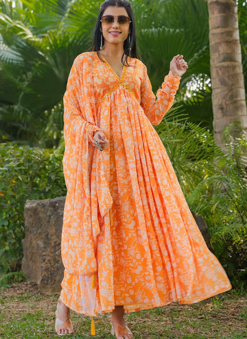 Striking Orange Color Georgette Fabric Gown