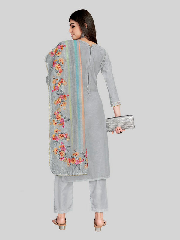 Dazzling Grey Color Chanderi Fabric Designer Suit