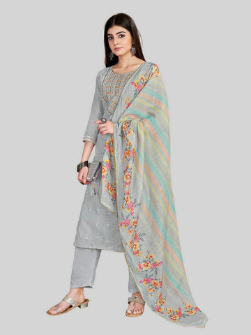 Dazzling Grey Color Chanderi Fabric Designer Suit