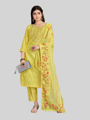 Dazzling Yellow Color Chanderi Fabric Designer Suit
