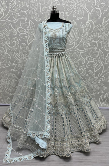 Dazzling Aqua Color Net Fabric Wedding Lehenga