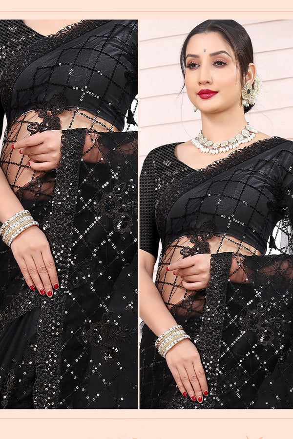 Beautiful Black Color Net Fabric Partywear Saree