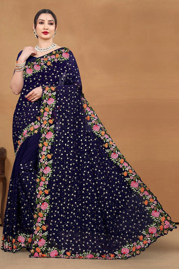 Beautiful Navy Blue Color Georgette Fabric Partywear Saree