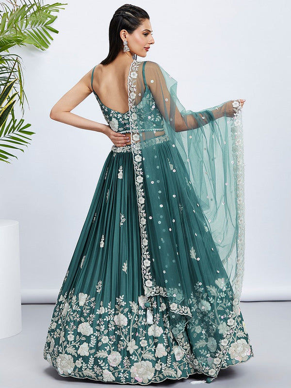 Beautiful Teal Color Georgette Fabric Party Wear Lehenga